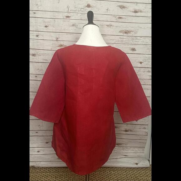 Bryn Walker tomato girl red ruffle front 3/4 length sleeve linen top Size Small - Picture 4 of 6